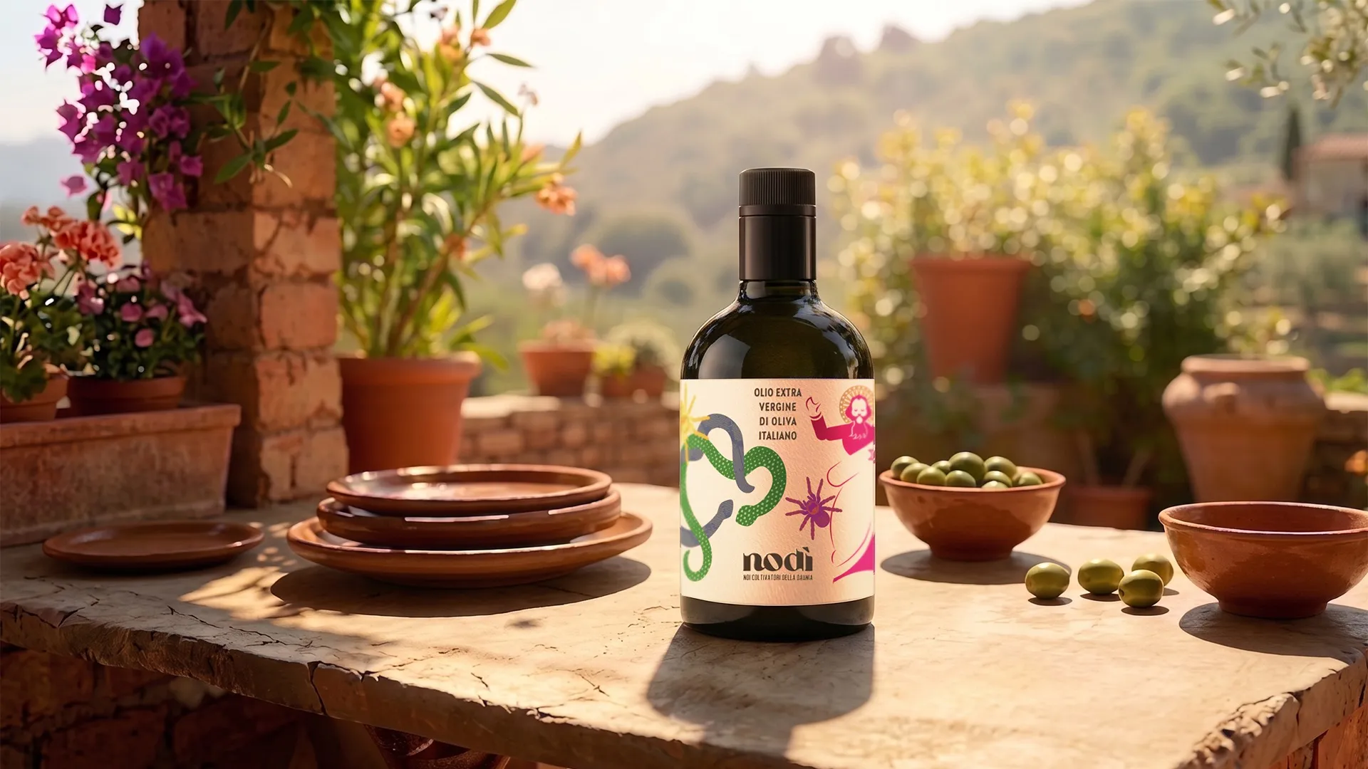 Bottiglia Nodì Linea San Paolo su tavolo in pietra con piatti, olive e vista sui colli della Daunia