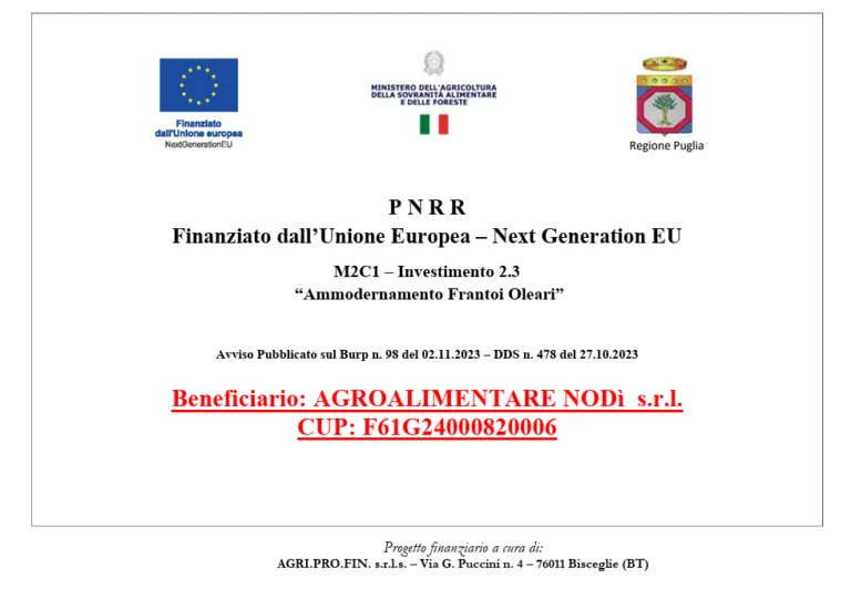 PNRR - Finanziato dall'Unione Europea – Next Generation EU - Beneficiario: Agroalimentare Nodì s.r.l.